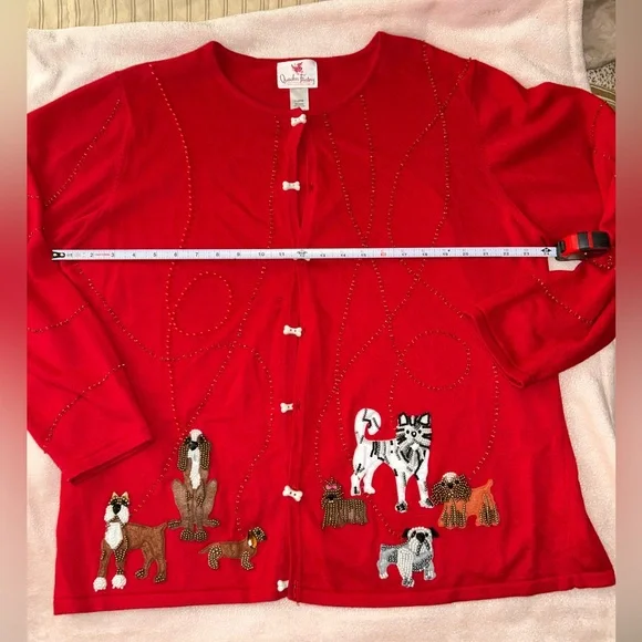 Vintage Quacker Factory Red Cardigan with Puppy Dog Embroidery XL Bone Buttons - Picture 1 of 8